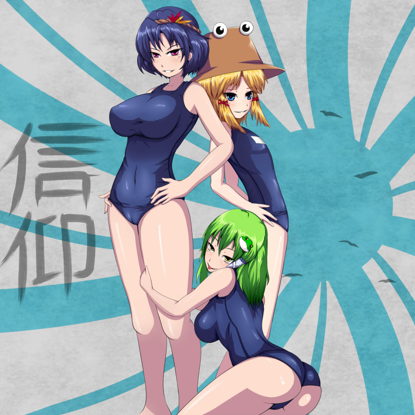 3girls, aqua_eyes, ass, blonde_hair, blue_eyes, blue_hair, female_focus, green_hair