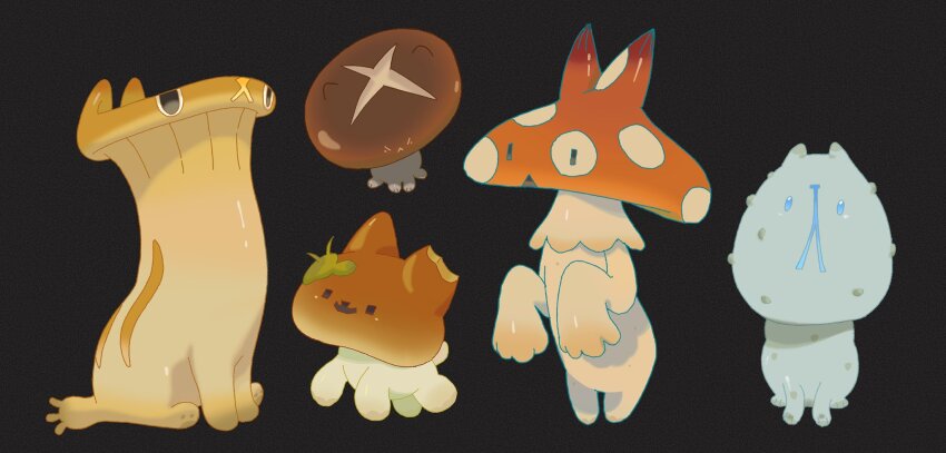 animalization, black_background, creature, creature_focus, film_grain, fly_agaric, highres, mushroom, no_humans, original, oyster_mushroom, shiitake, sitting, sorochii, standing