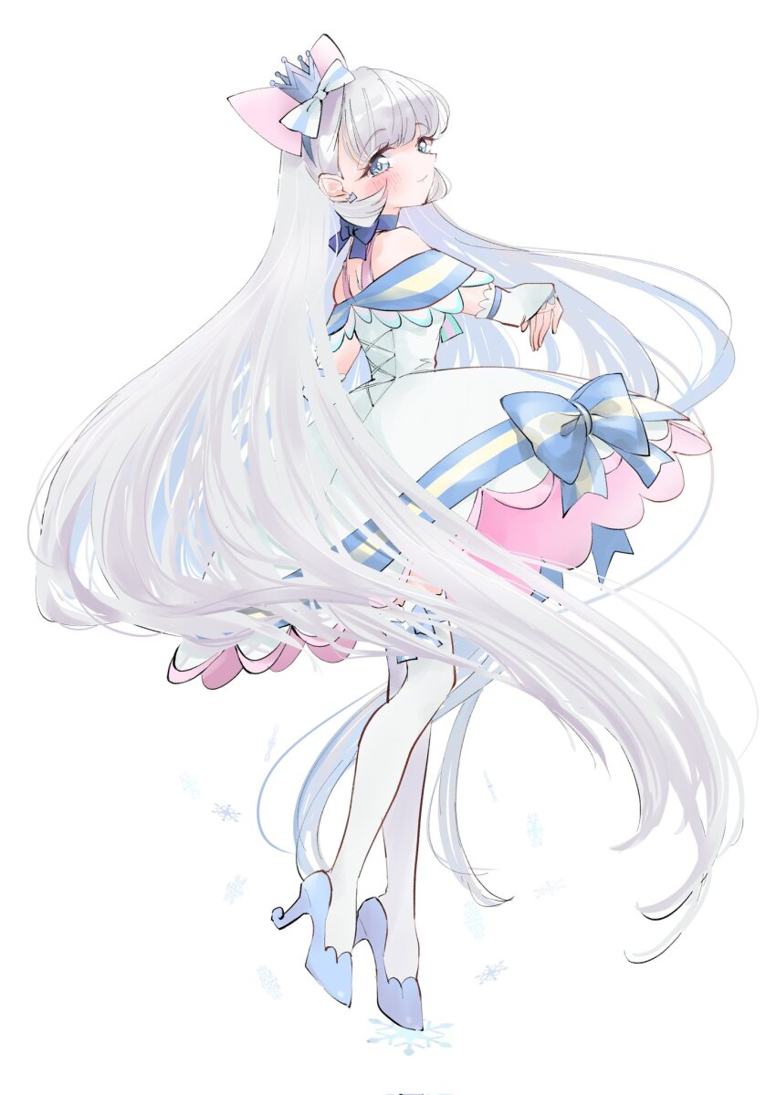 1girl, blue_choker, blue_eyes, blue_shoes, bow, bow_hairband, choker, commentary_request