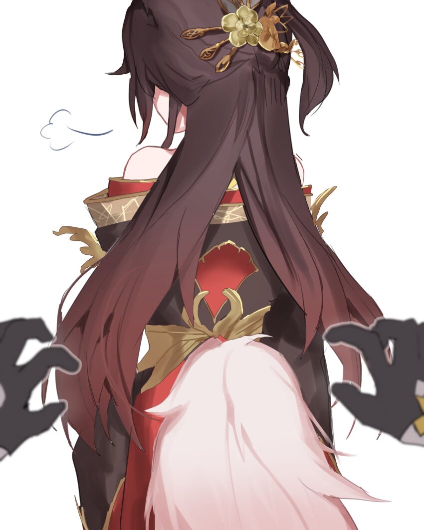 1girl, breath, brown_hair, cafe_(cafue_cafe01), commentary_request, floral_print, fox_girl, from_behind