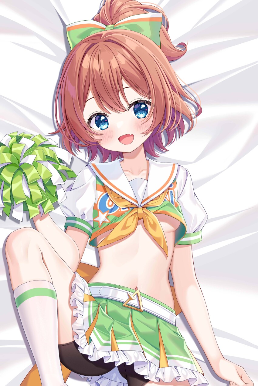 1girl, :d, absurdres, arm_at_side, bike_shorts, bike_shorts_under_skirt, blue_eyes, blush