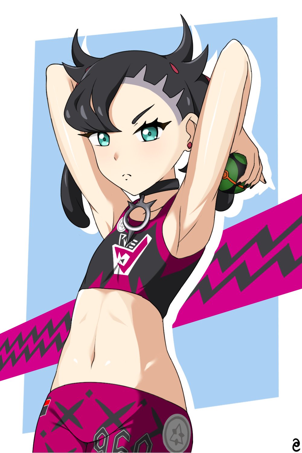 1girl, a_port_in_any_storm, armpits, arms_up, asymmetrical_bangs, black_choker, black_hair, border