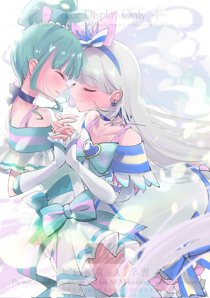 2girls, aqua_hair, blue_choker, bow, bowtie, choker, closed_eyes, collarbone