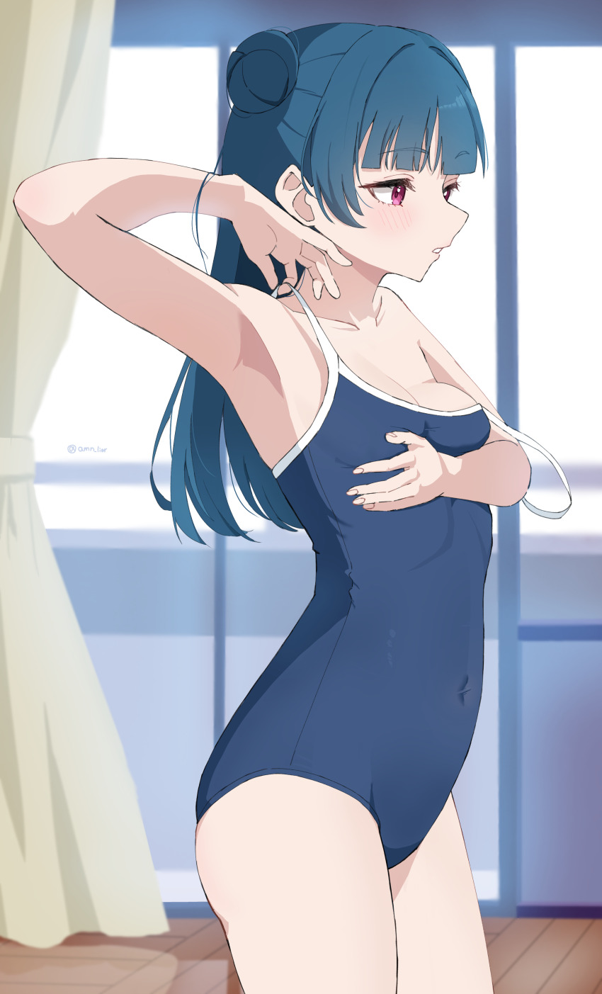 1girl, absurdres, amano_lier, blue_hair, blue_one-piece_swimsuit, breasts, commentary_request, competition_school_swimsuit, covered_navel, cowboy_shot, hair_bun, highres, long_hair, looking_to_the_side, love_live!, love_live!_sunshine!!, one-piece_swimsuit, red_eyes, school_swimsuit, single_hair_bun, single_side_bun, small_breasts, solo, strap_slip, swimsuit, tsushima_yoshiko