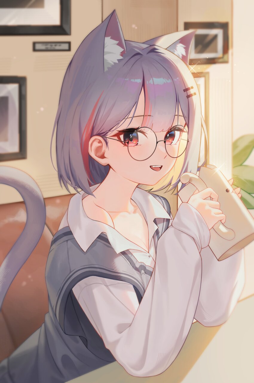 1girl, :d, absurdres, animal_ear_fluff, animal_ears, black-framed_eyewear, cat_ears, cat_girl