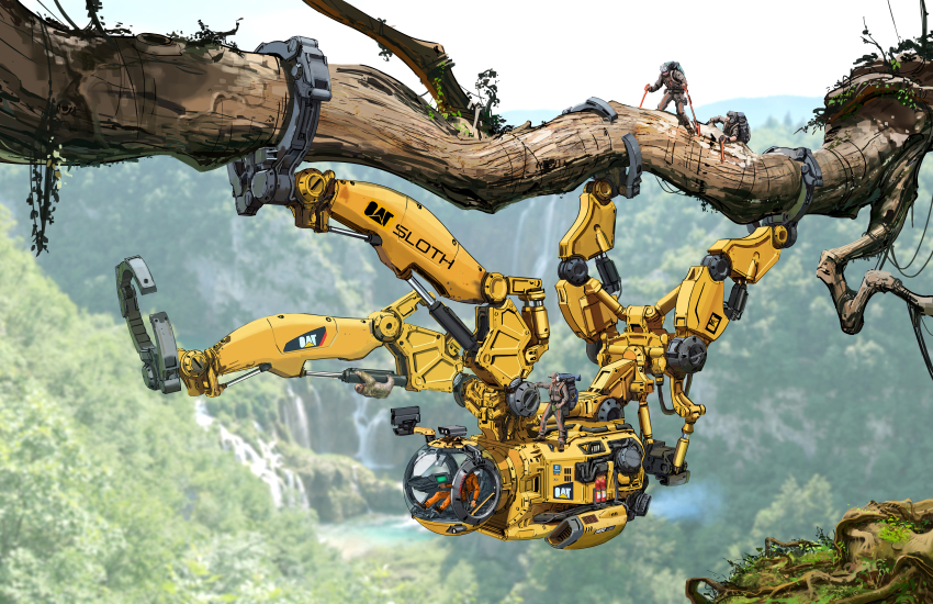 absurdly_detailed_composition, absurdres, ambiguous_gender, animal-themed_vehicle, branch, commentary, english_commentary, forest, highres, holding, holding_branch, in_tree, leaf, longque_chen, machinery, mecha, military, military_vehicle, nature, original, outdoors, robot, scenery, sloth_(animal), tree, water, waterfall