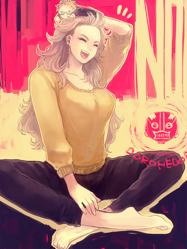 1girl, barefoot, closed_eyes, commentary, copyright_name, cross_earrings, dorohedoro, ear_piercing