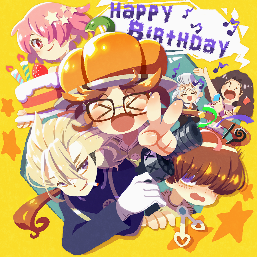 >_<, 3boys, 3girls, birthday, birthday_cake, blonde_hair, blush, brown_hair