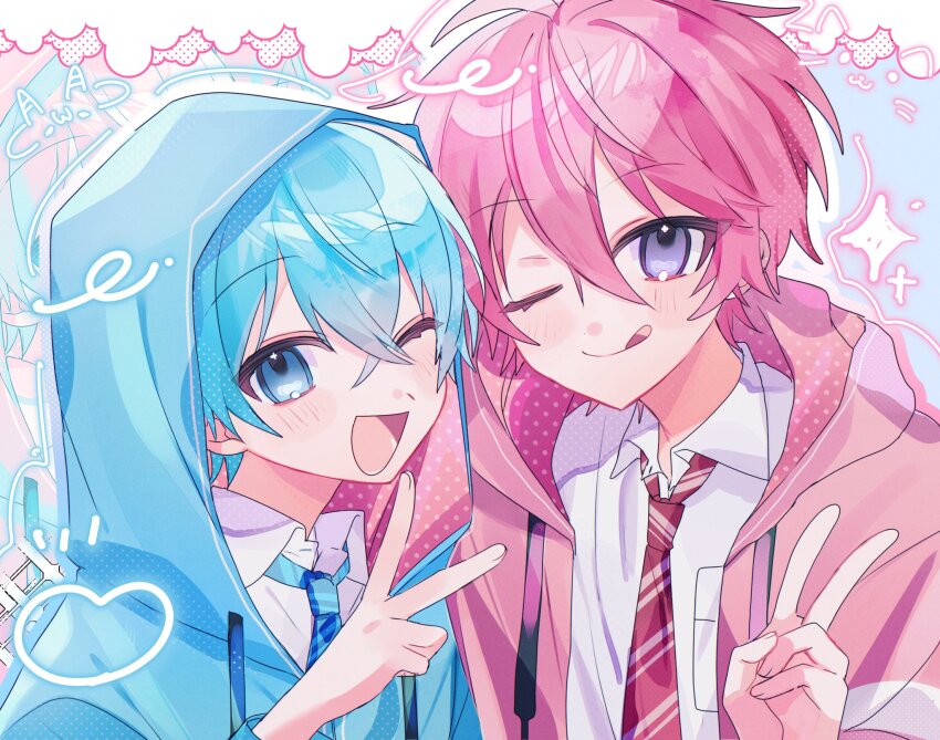 2boys, blue_eyes, blue_hair, blue_jacket, blue_necktie, blush, closed_mouth, colon_(stpri), commentary, hair_between_eyes, highres, hood, hood_down, hood_up, hooded_jacket, jacket, long_sleeves, looking_at_viewer, male_focus, multiple_boys, myacoco35, necktie, one_eye_closed, open_mouth, pink_hair, pink_jacket, pink_necktie, purple_eyes, satomi_(stpri), short_hair, smile, strawberry_prince, tongue, tongue_out, upper_body, v
