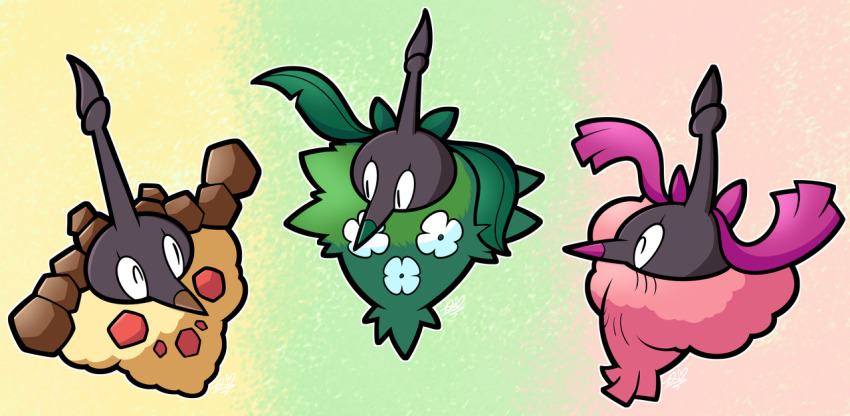 commentary, duckydeathly, english_commentary, flower, full_body, gen_4_pokemon, leaf, nintendo, no_humans, one_eye_closed, pointy_nose, pokemon, pokemon_(creature), pokemon_focus, rock, white_flower, wormadam, wormadam_(plant), wormadam_(sandy), wormadam_(trash)