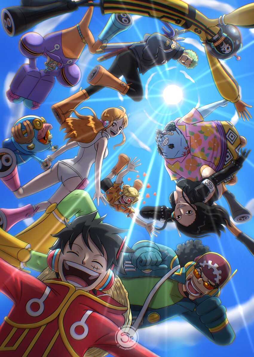 2023, 2girls, 6+boys, ^_^, afro, black_hair, blue_skin, blue_sky