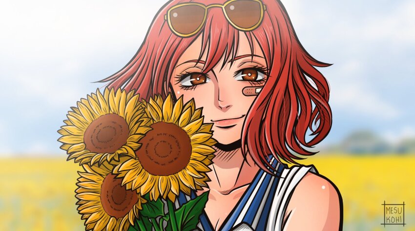 1girl, bandaid, bandaid_on_face, closed_mouth, commentary, english_commentary, eyelashes, eyewear_on_head