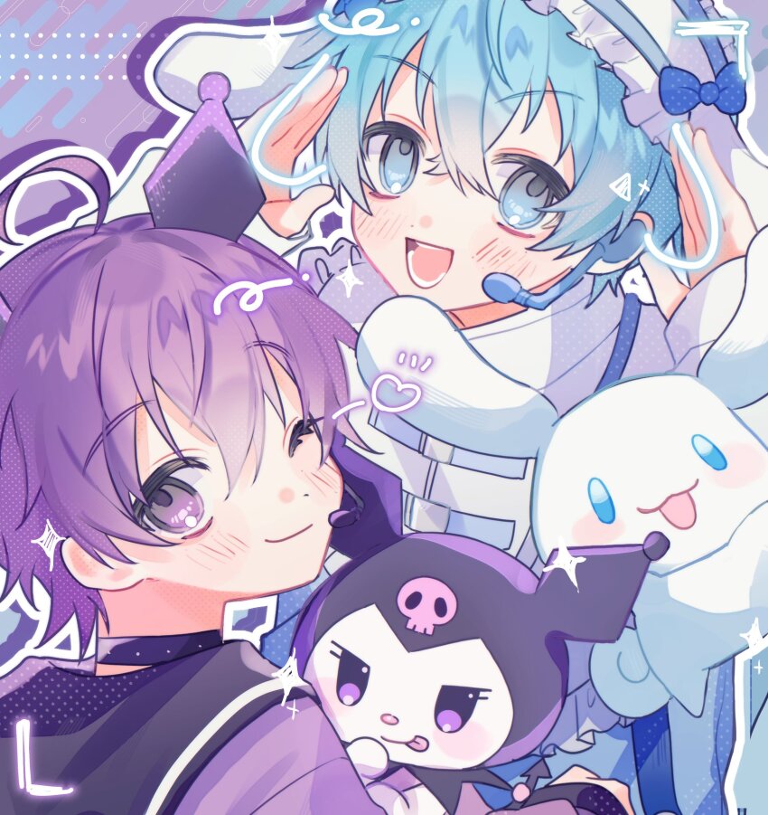 2boys, ahoge, animal_ears, black_choker, blue_eyes, blue_hair, blush, choker