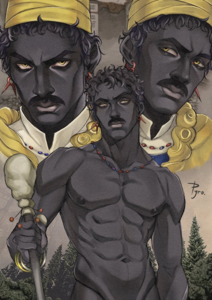 1boy, abs, artist_name, bara, commentary, dark-skinned_male, dark_skin, earrings, english_commentary, facial_hair, fear_&amp;_hunger_(series), fear_&amp;_hunger_2:_termina, highres, jewelry, lips, male_focus, multiple_views, mustache, navel, necklace, nipples, o'saa_(fear_&amp;_hunger), pectorals, pyro_cri, short_hair, toned, toned_male, very_dark_skin, yellow_eyes