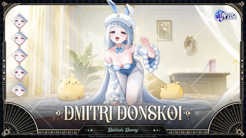 >:p, 1girl, :p, animal_ears, artist_request, azur_lane, blue_bow, blue_bowtie, blue_eyes, blue_leotard, bow, bowtie, breasts, check_artist, claw_pose, closed_eyes, commentary, covered_navel, detached_collar, detached_sleeves, dmitri_donskoi_(azur_lane), dmitri_donskoi_(bedside_bunny)_(azur_lane), english_commentary, fake_animal_ears, hand_up, highres, indoors, izuru_(timbermetal), leotard, long_hair, manjuu_(azur_lane), multiple_expressions, official_art, open_mouth, pantyhose, petite, playboy_bunny, rabbit_ears, small_breasts, tongue, tongue_out, very_long_hair, white_hair, white_pantyhose