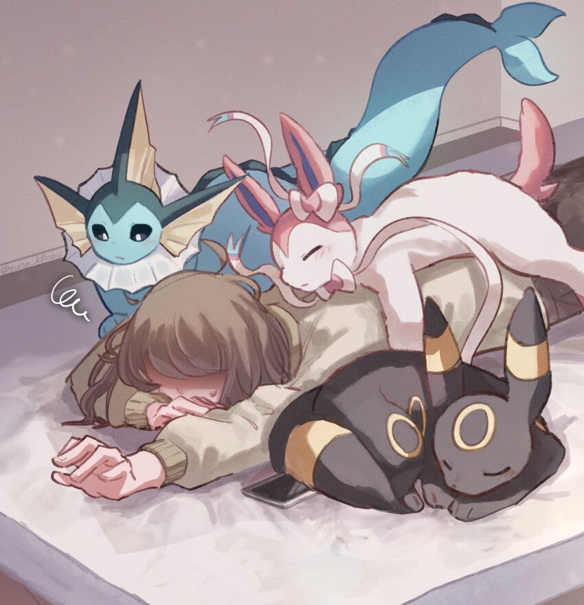 1girl, absurdres, brown_hair, cellphone, character_request, check_character, closed_mouth, gen_1_pokemon, gen_2_pokemon, gen_6_pokemon, grey_sweater, highres, long_sleeves, lying, nintendo, on_stomach, phone, pokemon, pokemon_(creature), puffy_long_sleeves, puffy_sleeves, short_hair, smartphone, suna_k0nbu, sweater, sylveon, umbreon, vaporeon