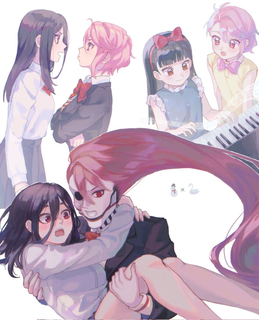 2girls, acrobatic_silky_(dandadan), aged_down, bare_legs, black_hair, blue_jacket, blush, bow