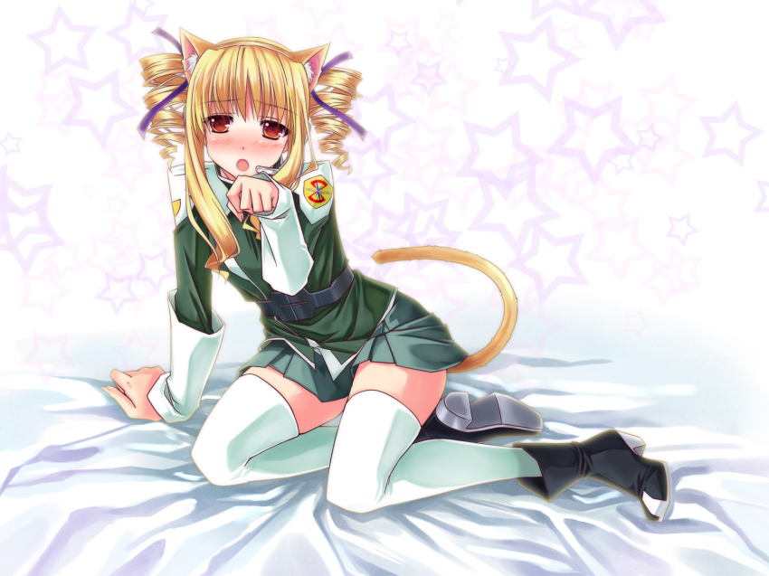 1girl, animal_ears, arm_support, belt, blonde_hair, blush, boots, cat_ears, cat_tail, drill_hair, female_focus, green_skirt, gundam, hair_ribbon, hairband, headset, highres, hika_(cross-angel), long_hair, military, military_uniform, miniskirt, on_bed, open_mouth, operator_type_f, orange_eyes, paw_pose, ribbon, sd_gundam, sd_gundam_online, skirt, solo, star_(symbol), tail, thighhighs, twin_drills, twintails, white_thighhighs