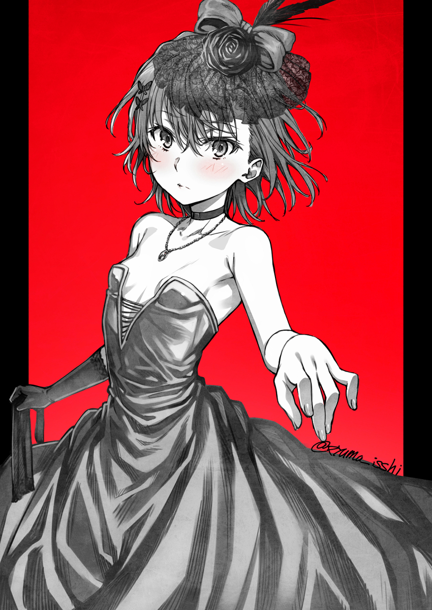 1girl, blush, bow, breasts, butterfly_hair_ornament, choker, collarbone, commentary, cowboy_shot, dress, english_commentary, feather_hair_ornament, feathers, greyscale_with_colored_background, hair_between_eyes, hair_bow, hair_ornament, highres, isshi_pyuma, jewelry, looking_at_viewer, medium_hair, misaka_mikoto, necklace, outside_border, pillarboxed, pout, red_background, single_unworn_glove, sleeveless, sleeveless_dress, small_breasts, solo, spot_color, strapless, strapless_dress, toaru_kagaku_no_railgun, toaru_majutsu_no_index, twitter_username