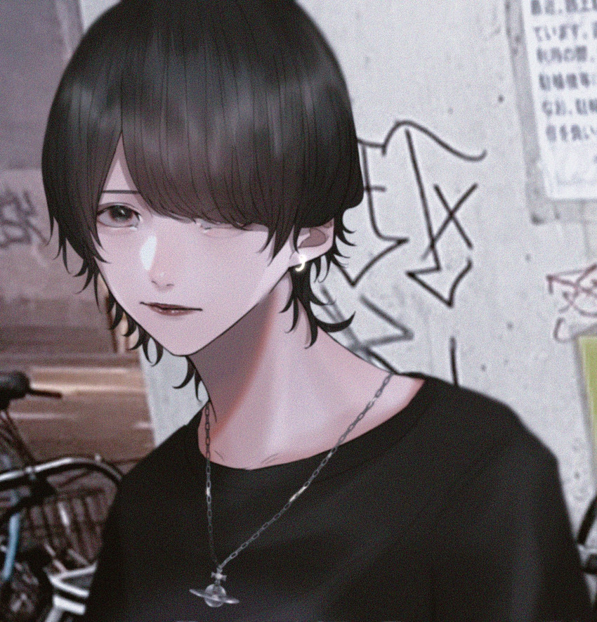 1boy, black_eyes, black_hair, black_shirt, blurry, blurry_background, closed_mouth, commentary_request