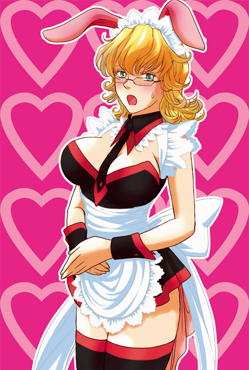 10s, 1girl, animal_ears, apron, barnaby_brooks_jr., blonde_hair, blush, bow, breasts, cleavage, fake_animal_ears, female_focus, genderswap, genderswap_(mtf), glasses, green_eyes, hairu_(690n), large_breasts, long_hair, maid, maid_apron, maid_headdress, necktie, playboy_bunny, rabbit_ears, rabbit_tail, solo, tail, thighhighs, tiger_&amp;_bunny, wrist_cuffs