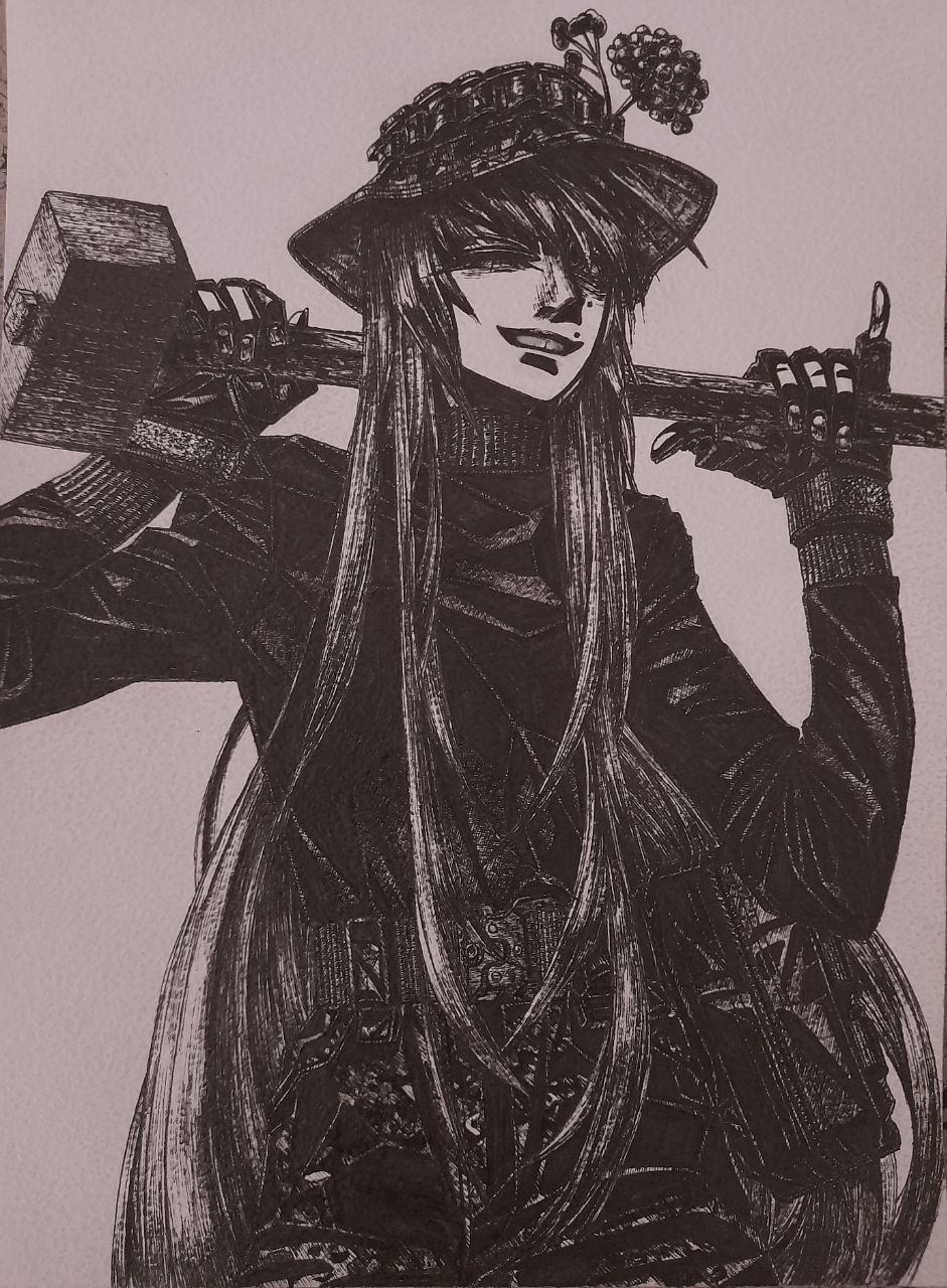 1girl, black_gloves, black_jacket, bonnet, bordfunker133, camouflage, camouflage_pants, carrying_over_shoulder, digital_camouflage, evgenia_blinova, first_aid_pouch, gloves, greyscale, grin, hammer, hat, highres, holding, jacket, long_hair, long_sleeves, mole, mole_above_mouth, mole_on_cheek, monochrome, original, pants, russo-ukrainian_war, sledgehammer, smile, soldier, solo, tactical_gloves