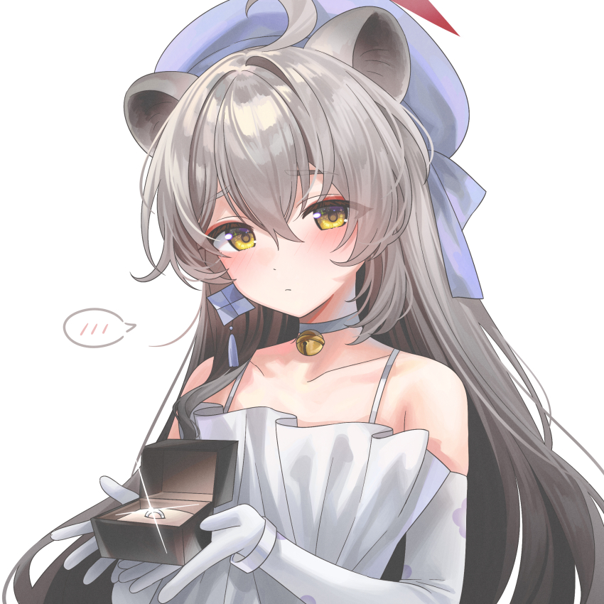 1girl, absurdres, ahoge, animal_ears, bare_shoulders, bell, blue_archive, blush