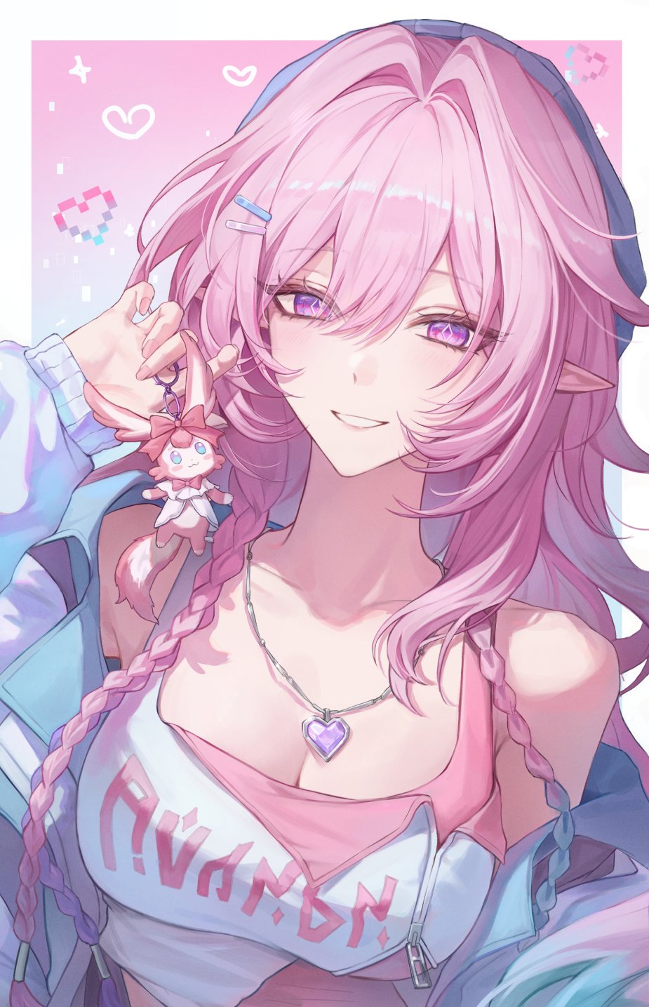 1girl, blue_hat, blue_jacket, border, breasts, character_charm, charm_(object), cleavage