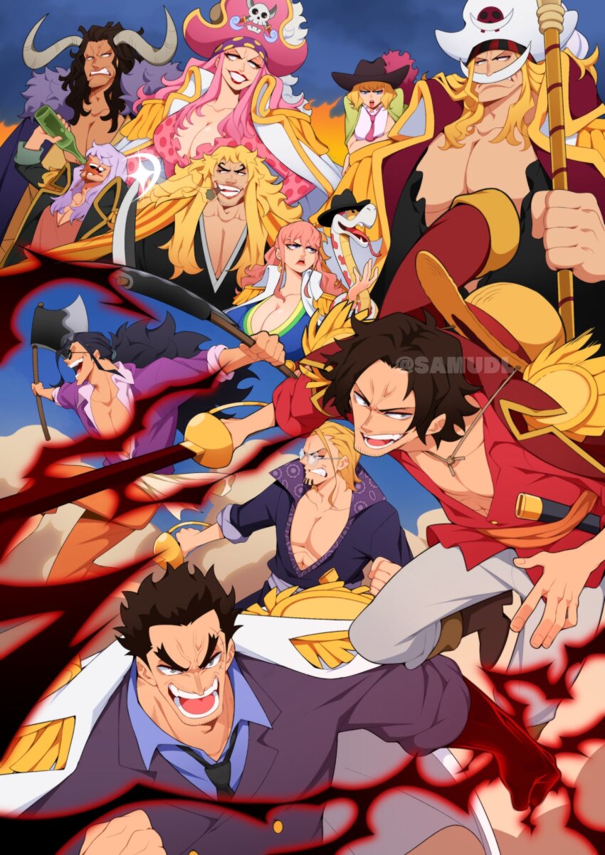 3girls, 6+boys, aged_down, axe, beard, black_hair, black_hat, blonde_hair, blunt_bangs, boots, bottle, captain_john_(one_piece), charlotte_linlin, cigar, clenched_teeth, coat, commentary, edward_newgate, english_commentary, epaulettes, facial_hair, fire, forked_eyebrows, formal_clothes, glasses, glint, gloriosa_(one_piece), gol_d._roger, haki_(one_piece), hat, hat_feather, highres, holding, holding_axe, holding_bottle, holding_polearm, holding_sword, holding_weapon, horns, kaidou_(one_piece), kinjishi_no_shiki, long_hair, monkey_d._garp, multiple_boys, multiple_girls, mustache, one_piece, pink_hair, pirate_hat, polearm, ponytail, purple_hair, purple_shirt, red_coat, red_shirt, samu_(samudl), sash, scar, scar_on_face, scopper_gaban, shirt, short_hair, silvers_rayleigh, smile, snake, straw_hat, stussy_(one_piece), suit, sword, teeth, weapon