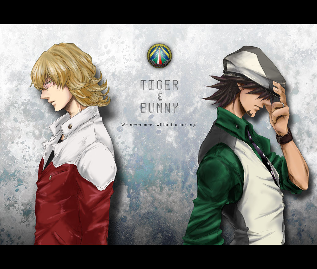 10s, 2boys, back-to-back, barnaby_brooks_jr., blonde_hair, brown_hair, newsboy_cap, facial_hair, glasses, gradient_background, green_eyes, green_shirt, hair_over_eyes, hat, jacket, jewelry, kaburagi_t._kotetsu, kkkrrrooo, letterboxed, male_focus, multiple_boys, necktie, red_jacket, ring, shirt, short_hair, stubble, tiger_&amp;_bunny, upper_body, vest, waistcoat, watch, wristwatch