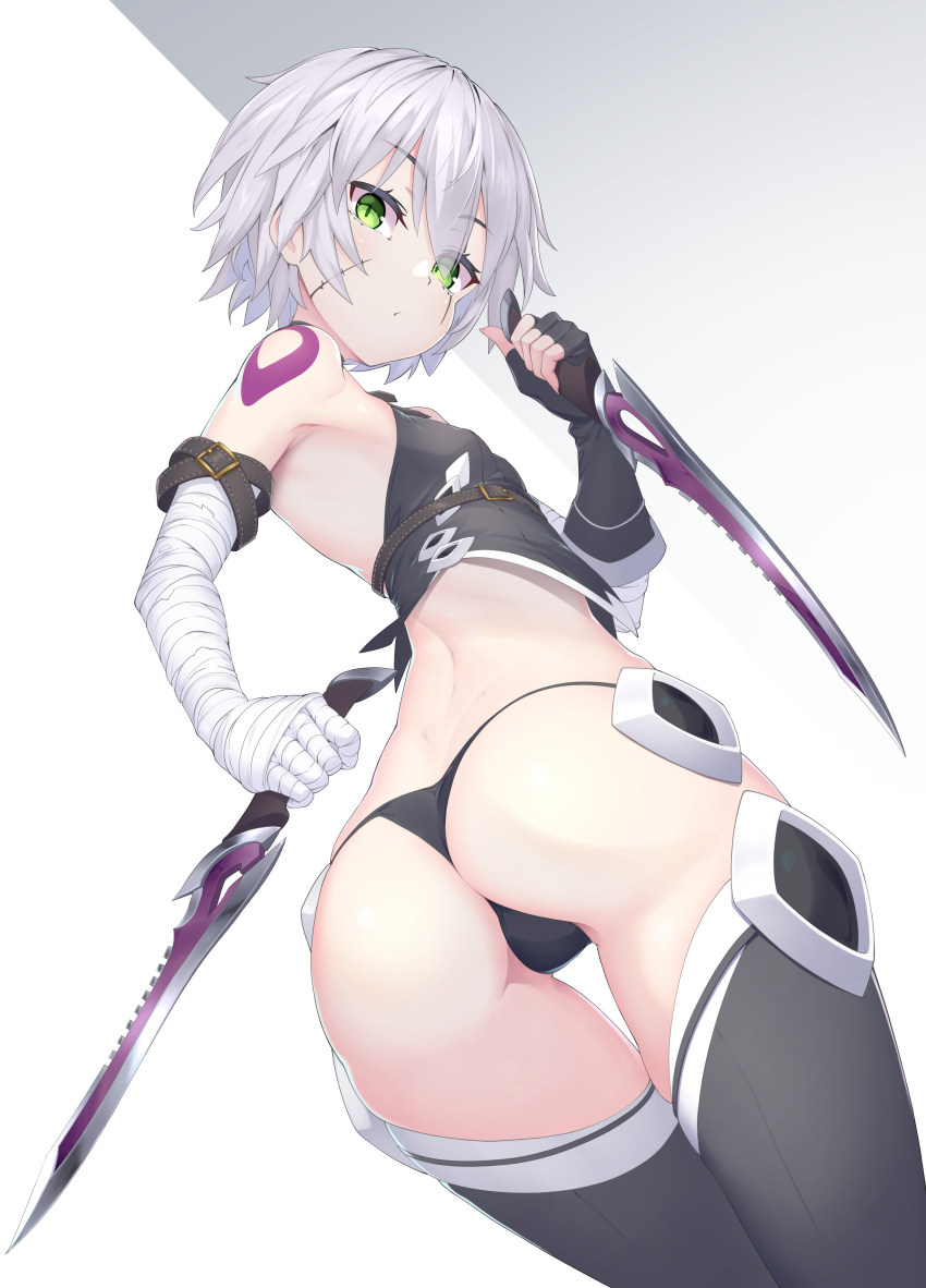 1girl, absurdres, ass, bandaged_arm, bandages, bare_shoulders, black_gloves, black_panties