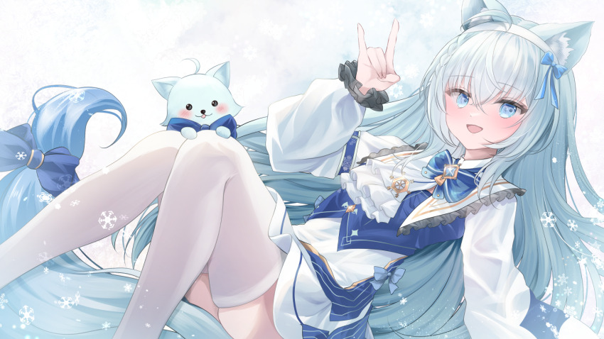 1girl, :d, ahoge, animal_ear_fluff, animal_ears, ascot, blue_bow, blue_bowtie