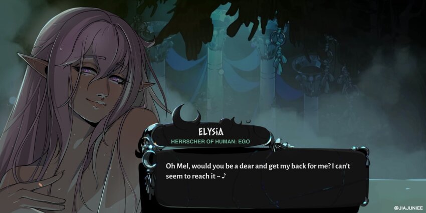 1girl, breasts, character_name, commentary, diamond-shaped_pupils, diamond_(shape), elf, english_commentary