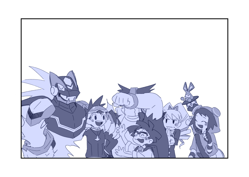 3girls, 4boys, blush, bow, bud_bison_(mega_man), closed_eyes, commentary_request, crying