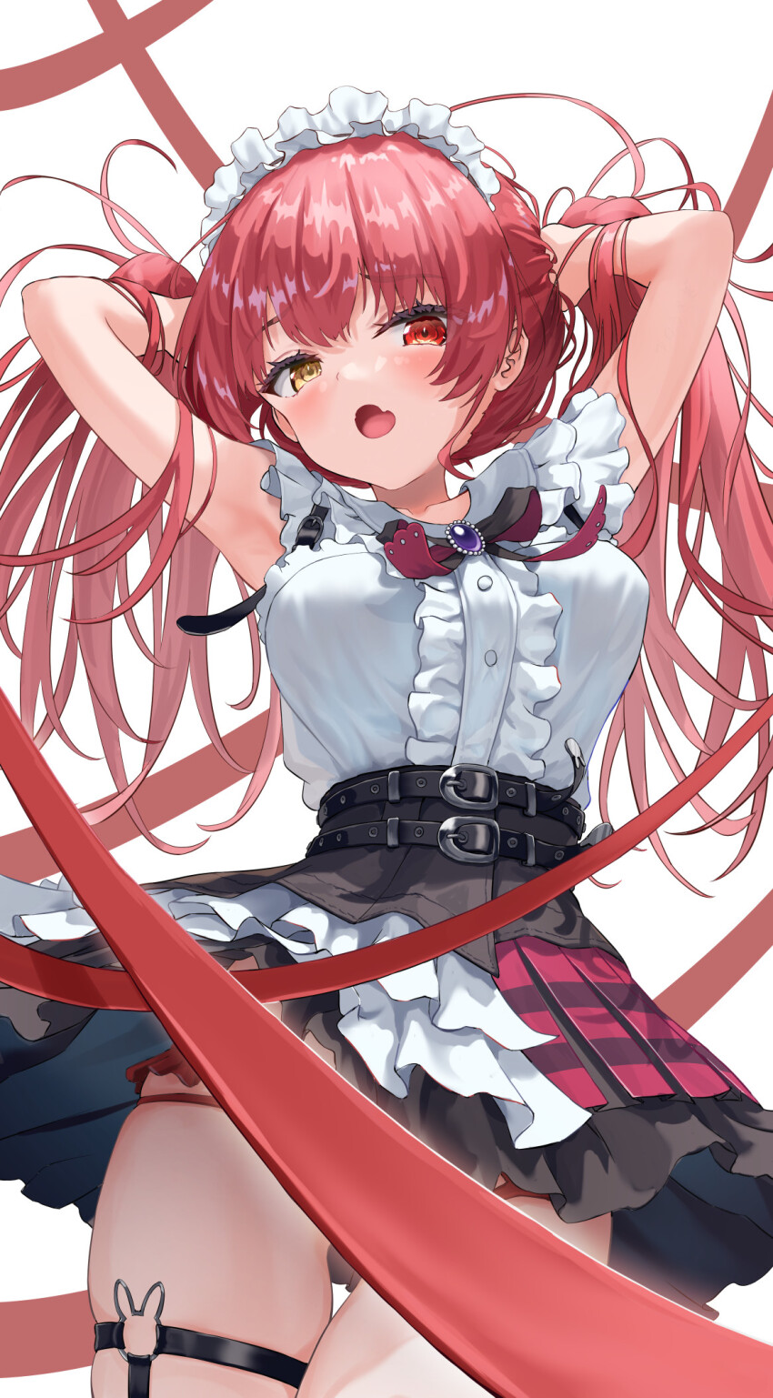 1girl, alternate_costume, armpits, arms_behind_head, arms_up, black_skirt, center_frills, commentary_request