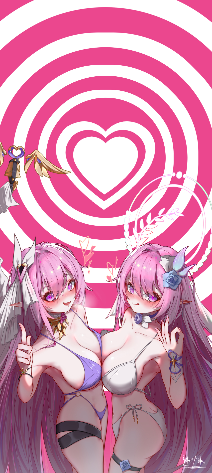 2girls, absurdres, ass, bai_ze:_mu_ye_bing, bell, bikini, blush, breasts, butt_crack, chinese_commentary, cleavage, color_connection, commentary_request, company_connection, cyrene_(demiurge)_(honkai:_star_rail), cyrene_(honkai:_star_rail), diamond-shaped_pupils, diamond_(shape), elysia_(herrscher_of_human:_ego)_(honkai_impact), elysia_(honkai_impact), flower, hair_color_connection, hair_flower, hair_ornament, heart, heart_background, highres, honkai:_star_rail, honkai_(series), honkai_impact_3rd, inoue_marina, large_breasts, licking_lips, long_hair, multiple_girls, pink_hair, purple_bikini, purple_eyes, striped_background, swimsuit, symbol-shaped_pupils, thigh_strap, thighs, tongue, tongue_out, very_long_hair, voice_actor_connection, white_bikini, yanning