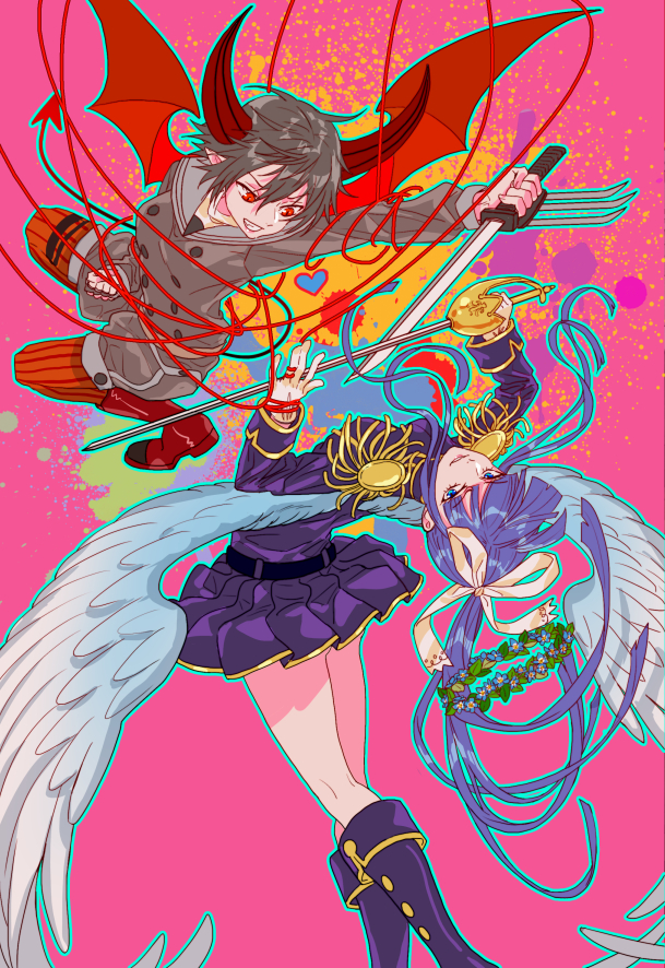 2girls, angel, angel_wings, blue_hair, brown_hair, commentary_request, demon_girl, demon_horns