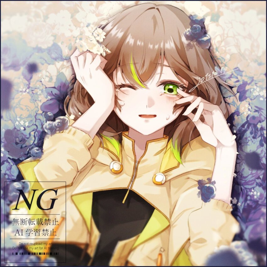 1girl, artist_name, black_shirt, brown_hair, commentary, final_fantasy, final_fantasy_xiv, green_eyes, green_hair, highres, hood, hood_down, hooded_jacket, jacket, l01s10_14, looking_at_viewer, multicolored_hair, one_eye_closed, shirt, solo, sphene_(ff14), streaked_hair, untranslatable_commentary, tears, wiping_tears, yellow_jacket