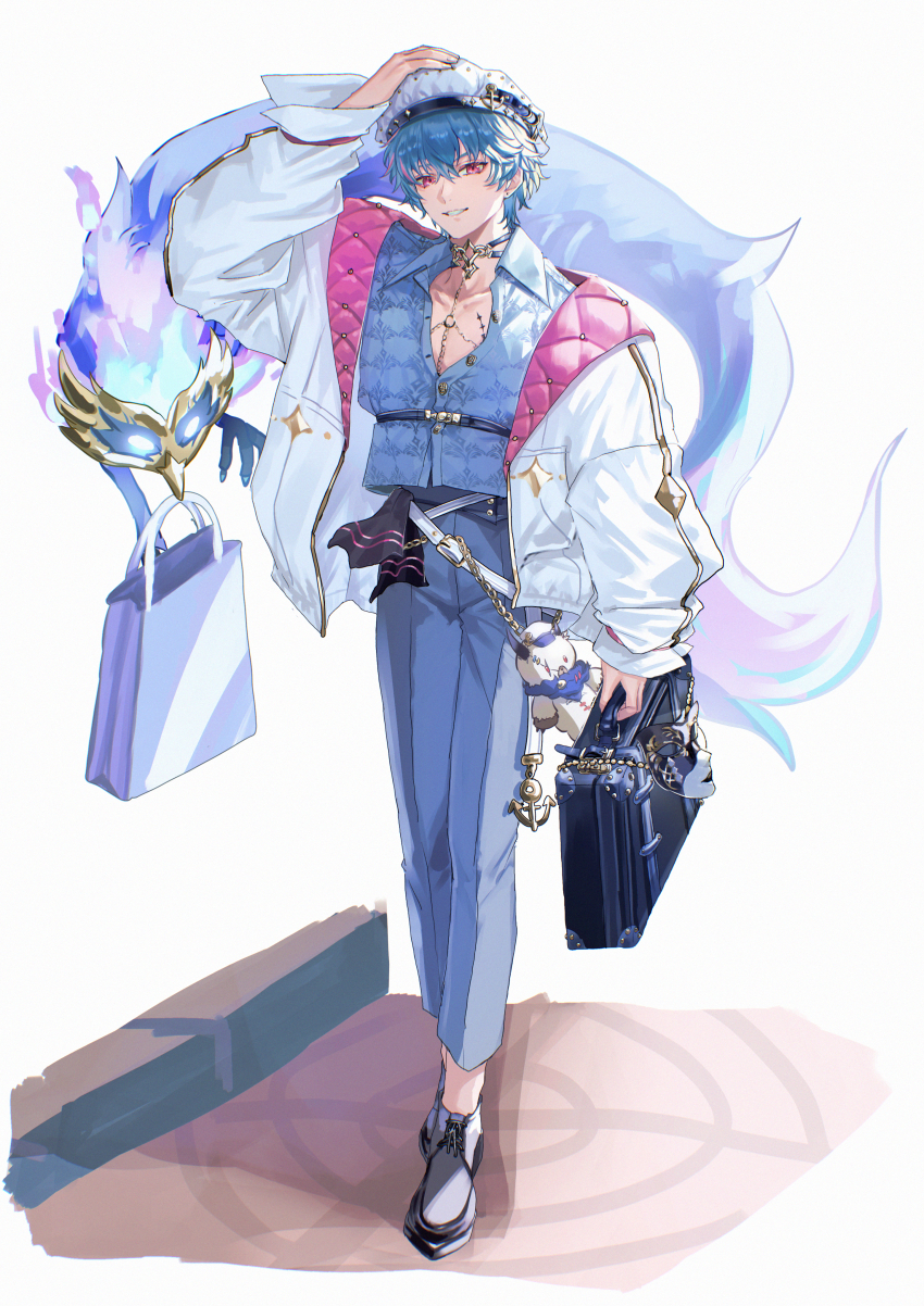1boy, absurdres, alternate_costume, arm_up, bag, blue_hair, blue_pants, blue_shirt