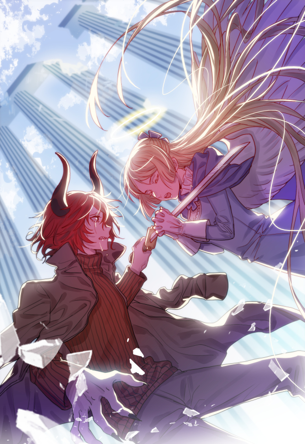 1boy, 1girl, angel_wings, black_jacket, blonde_hair, blue_cloak, blue_dress, bow