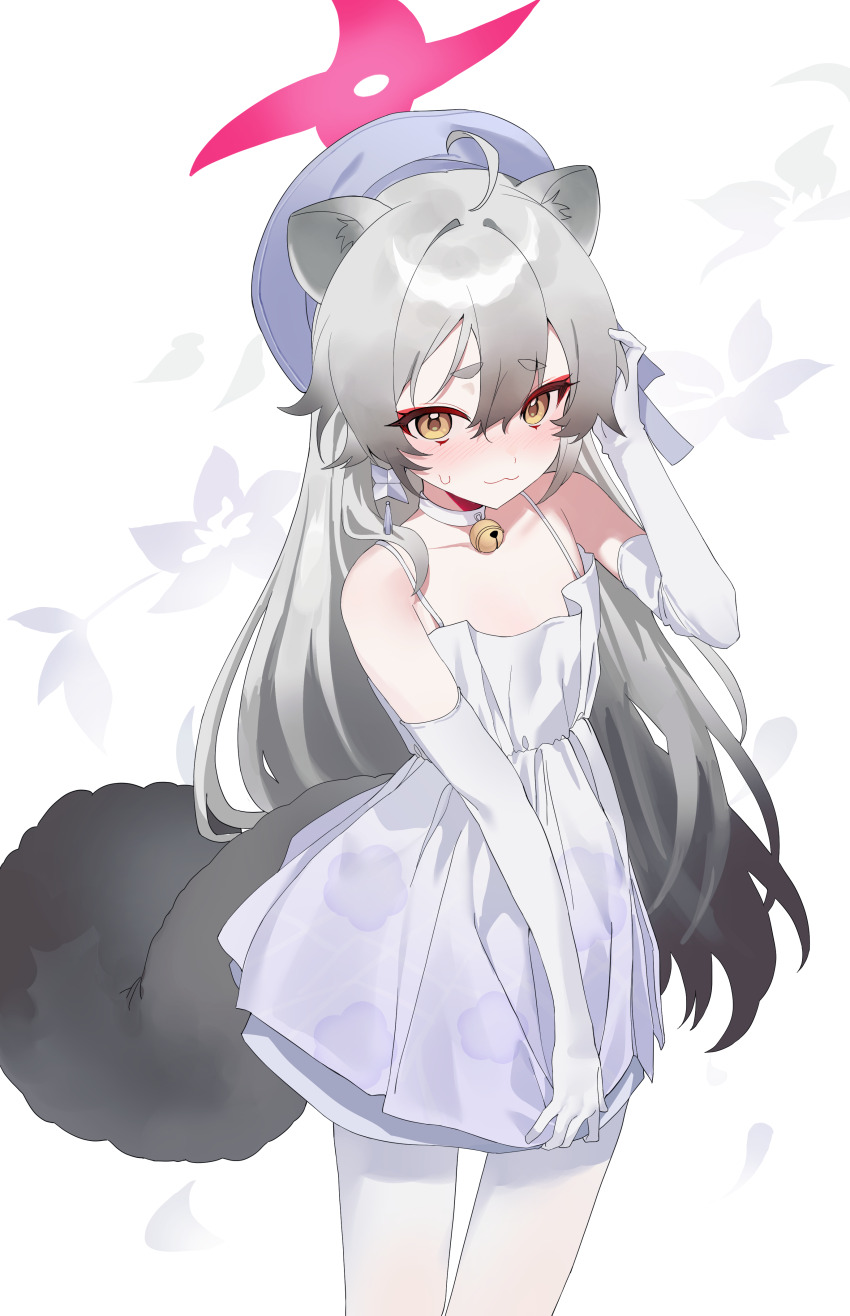 1girl, absurdres, animal_ears, arm_up, bare_shoulders, bell, blue_archive, blush