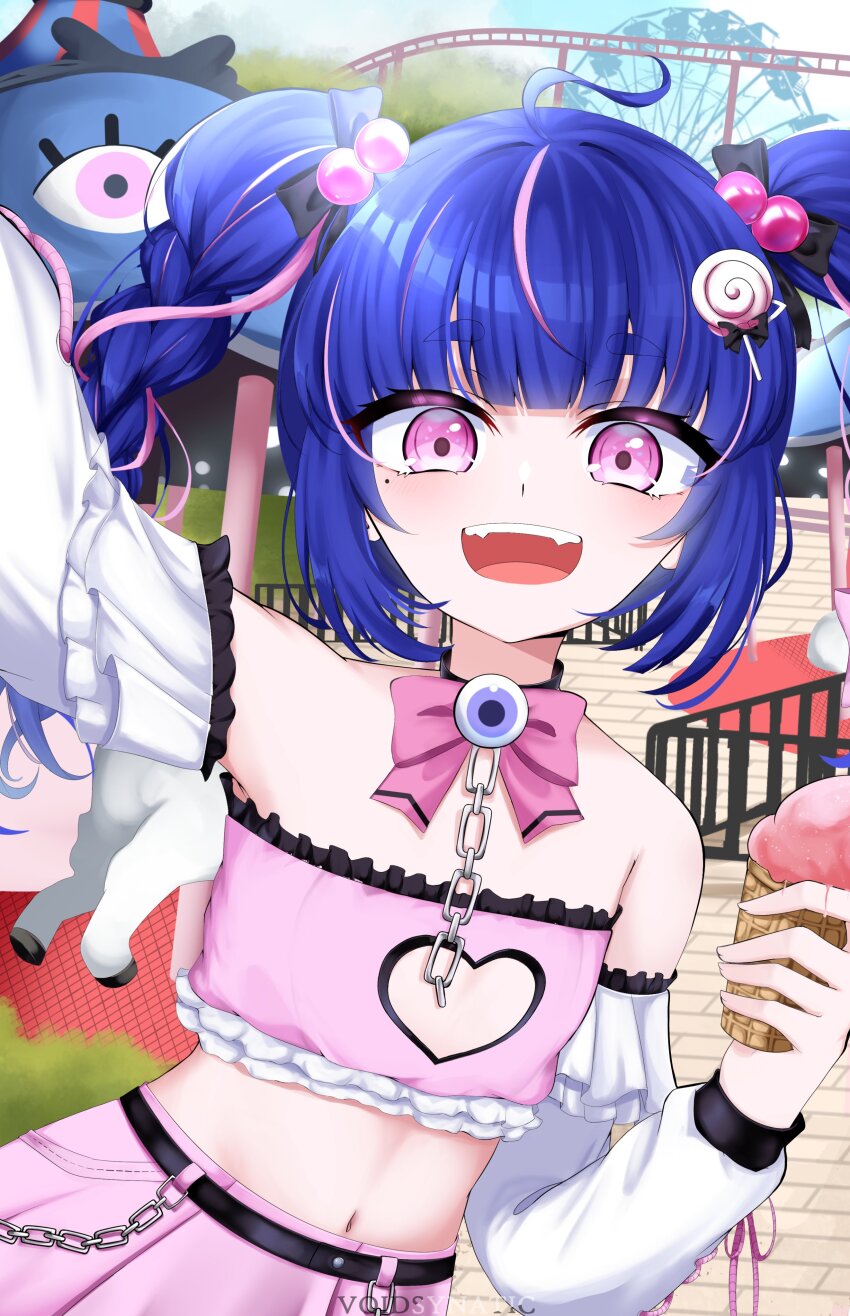 1girl, absurdres, ahoge, blue_hair, blush, braid, braided_twintails, carnival