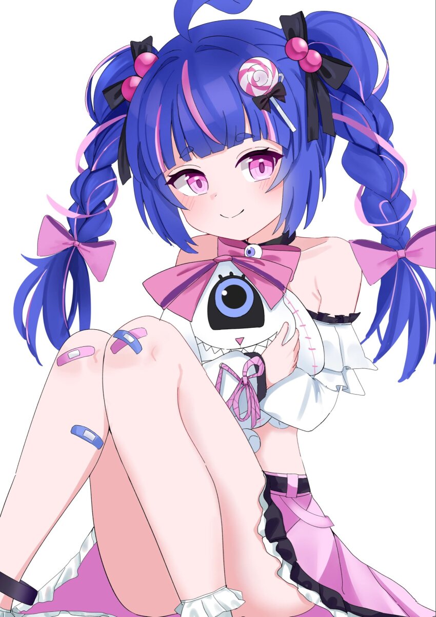 1girl, ahoge, bandages_on_legs, blue_hair, blush, braid, braided_twintails, coda_(littlenii)