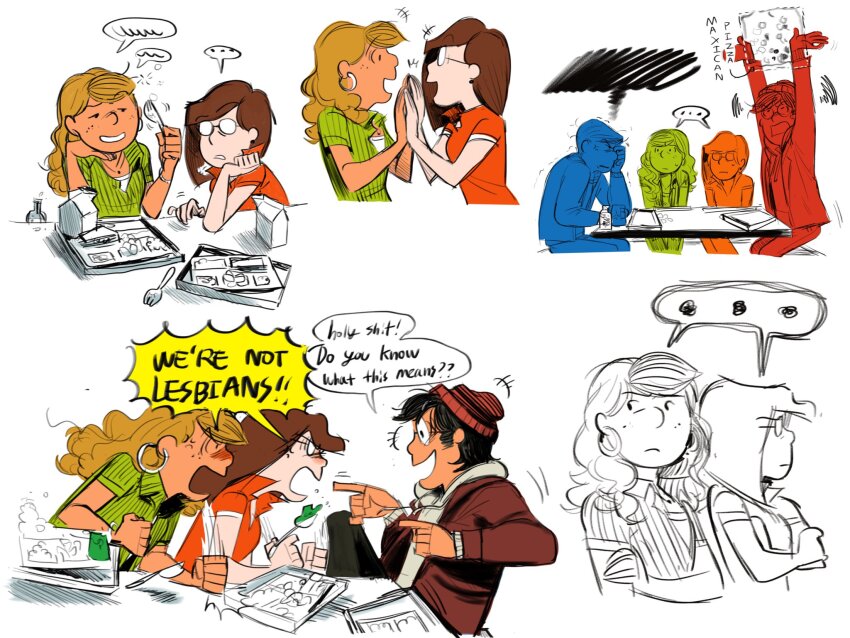 ..., 2boys, 2girls, aged_up, beanie, brown_hair, commentary, dog_sees_god