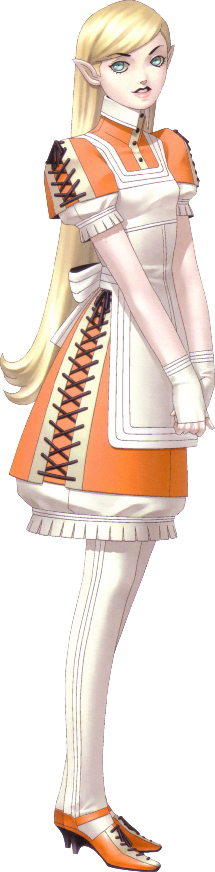 1girl, aqua_eyes, blonde_hair, collared_dress, dress, gloves, hanoun, highres, kazuma_kaneko, long_image, official_art, pointy_ears, shin_megami_tensei, shin_megami_tensei_ii, solo, standing, tall_image, third-party_source, transparent_background