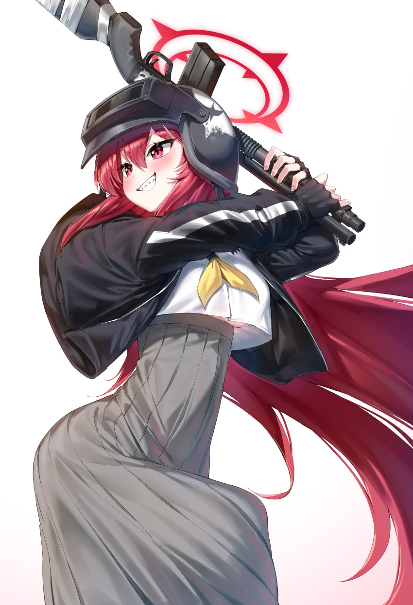 1girl, absurdres, altyn_helmet, batting_stance, black_gloves, black_jacket, blue_archive, breasts