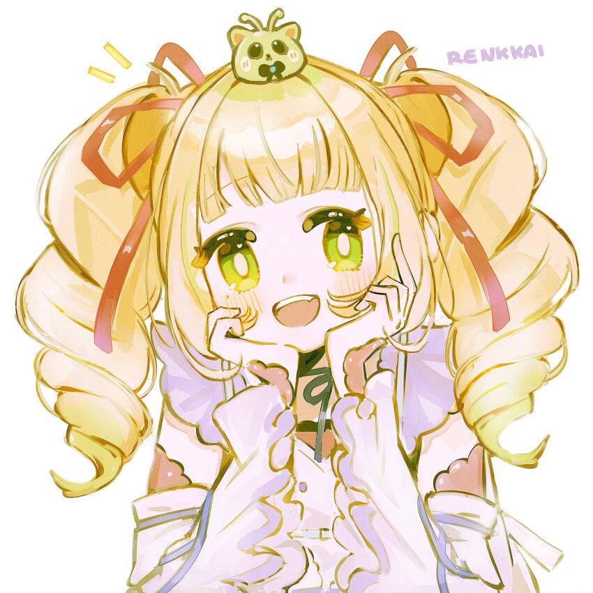 1girl, :d, artist_name, blonde_hair, blunt_bangs, blush, commentary, detached_sleeves