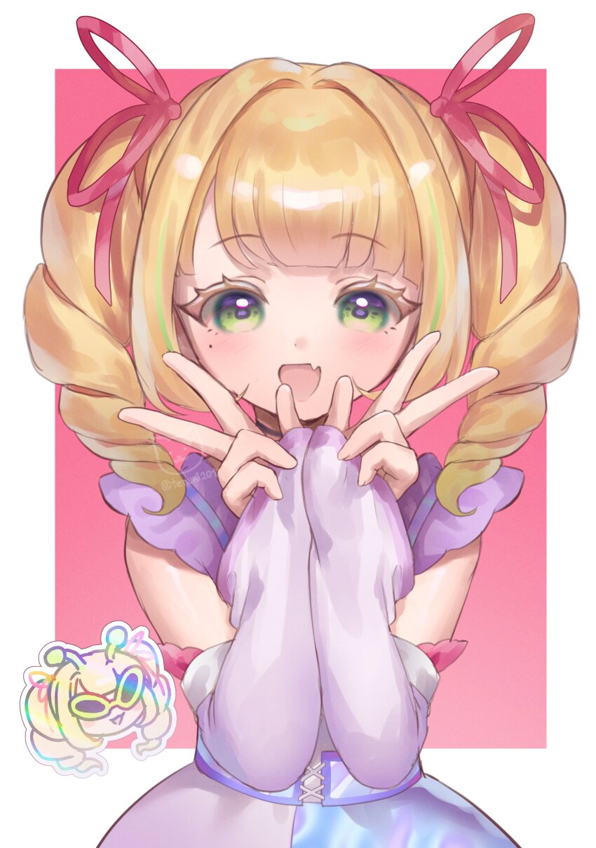 1girl, :d, absurdres, artist_name, blonde_hair, blush, border, character_sticker