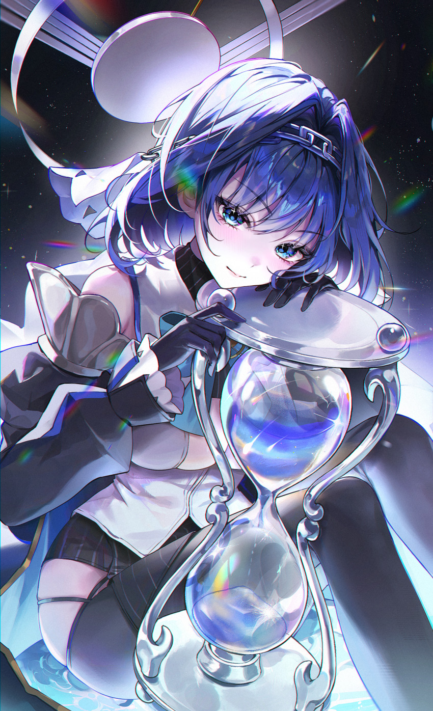 1girl, absurdres, black_gloves, black_shirt, black_skirt, black_thighhighs, blue_bow, blue_bowtie