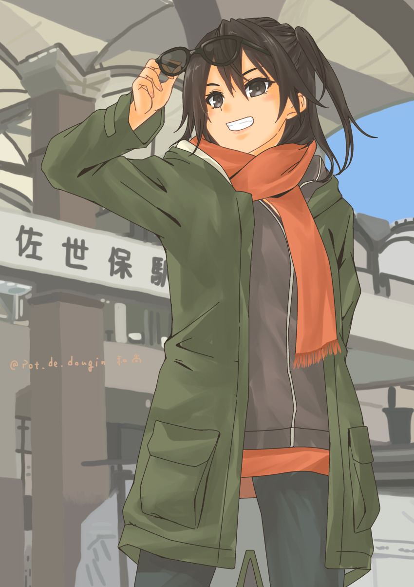 1girl, absurdres, artist_name, black_eyes, black_hair, casual, coat, commentary_request